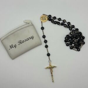 Vintage Black Bead Rosary with Gold Tone Crucifix & Chi Rho Medal with Pouch